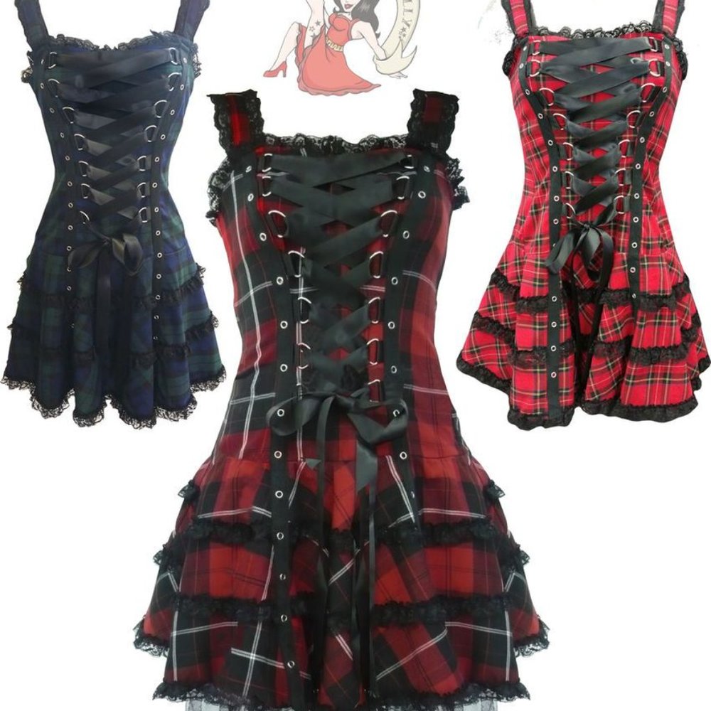 Hell Bunny M Red Tartan Lace Up Mini Dress - Picture 6 of 6